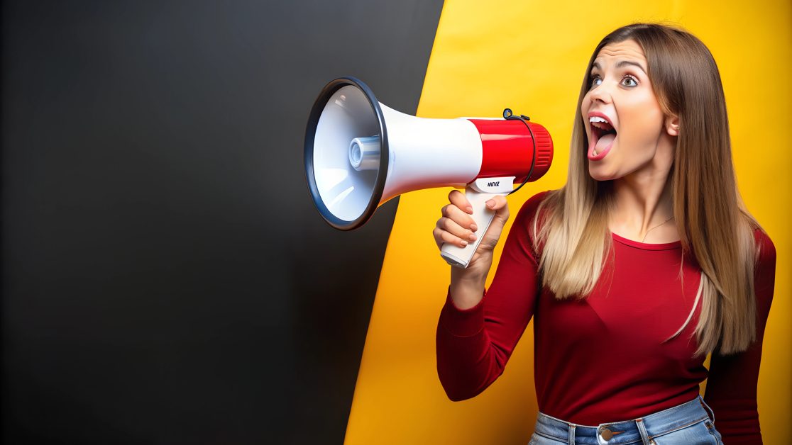 Final sale announcement with woman using loudspeaker
