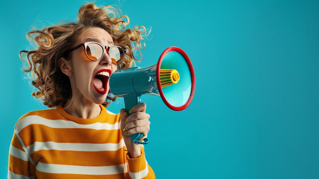 Lively vintagestyle image woman stripes shouting into turquoise megaphone crazy promotions set against vibrant abstract sunburst background