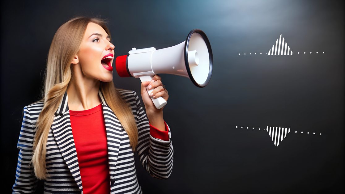 Stylish woman announcing final sales with loudspeaker