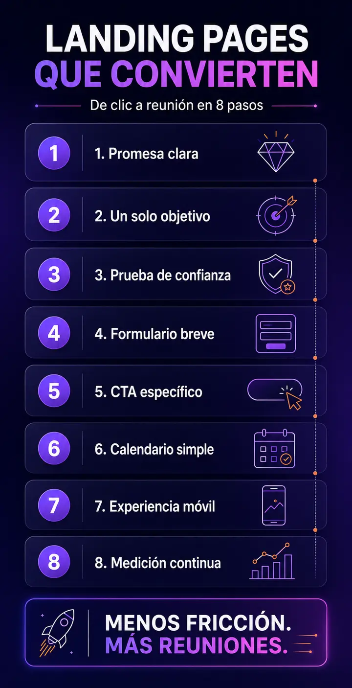 Infografía sobre crear landing pages que convierten clics en reuniones