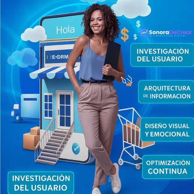 Mujer sonriente de pie frente a una pantalla gigante en forma de tienda online, representando el entorno digital. A su alrededor aparecen etiquetas que destacan elementos clave del UX Marketing: "Investigación del usuario", "Arquitectura de la información", "Diseño visual y emocional" y "Optimización continua". En la parte superior derecha se muestra el logo de SonoraDeCrear.