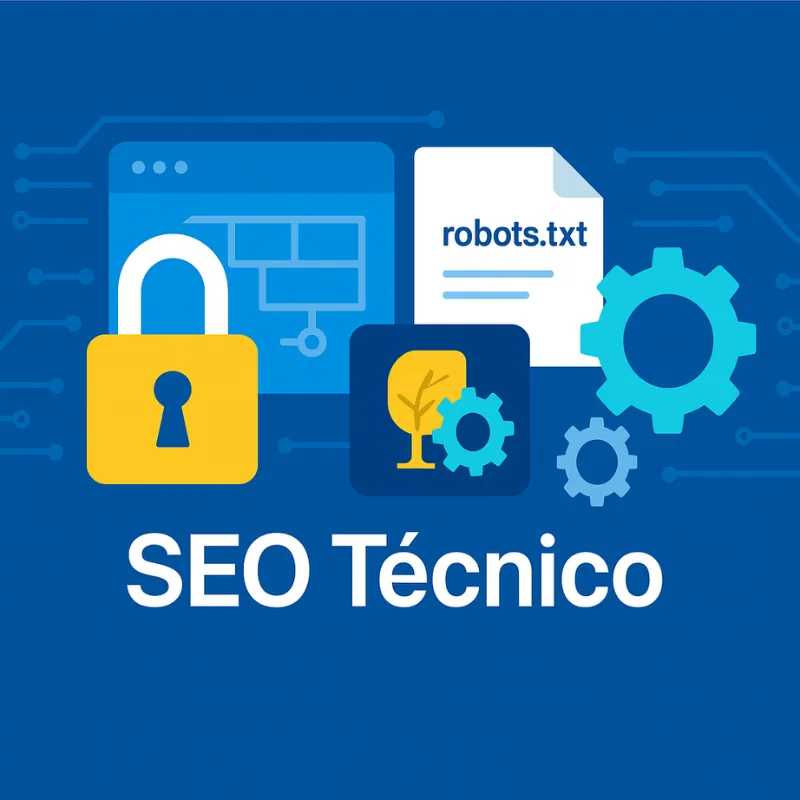 Imagen conceptual sobre SEO técnico que incluye íconos de seguridad (candado), engranajes, un archivo robots.txt y elementos de arquitectura web. Fondo azul con la leyenda “SEO Técnico”, representa la optimización estructural de sitios web para mejorar su rendimiento y visibilidad en buscadores.