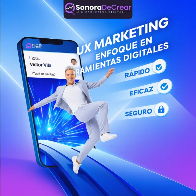 Hombre sonriente vestido de traje claro saliendo de un smartphone gigante con gráficos digitales azules. El texto principal dice "UX Marketing - Enfoque en herramientas digitales" y resalta tres beneficios: rápido, eficaz y seguro. Aparece el logo de SonoraDeCrear en la parte superior.
