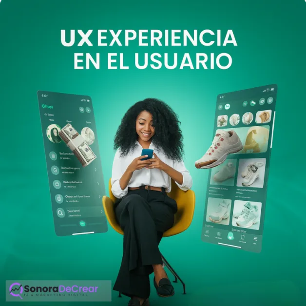 Mujer joven sentada en una silla amarilla usando un smartphone, rodeada de pantallas flotantes con interfaces de aplicaciones móviles. El fondo verde vibrante resalta el texto "UX Experiencia en el Usuario", destacando la importancia del diseño centrado en el usuario en entornos digitales.