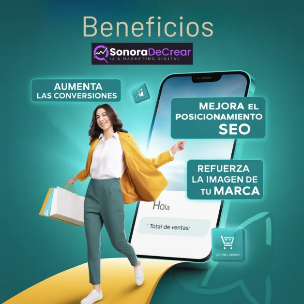 Mujer sonriente con bolsas de compra caminando frente a un smartphone gigante con fondo verde. El diseño resalta tres beneficios clave del marketing digital: "Aumenta las conversiones", "Mejora el posicionamiento SEO" y "Refuerza la imagen de tu marca". En la parte superior aparece el logo de SonoraDeCrear.